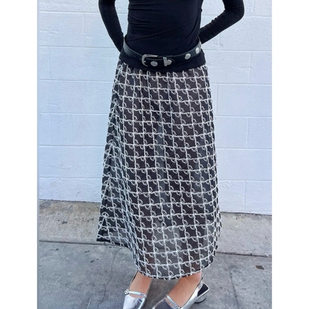 NWT Lisa Says Gah Molly Maxi Skirt in Bows Ribbons Black White M/L